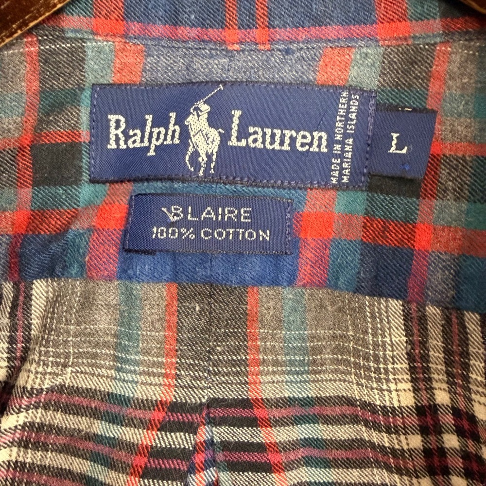 Ralph Lauren Blaire Mens Large Blue Red Plaid Flannel Button Down Shirt Cotton - Picture 3 of 8